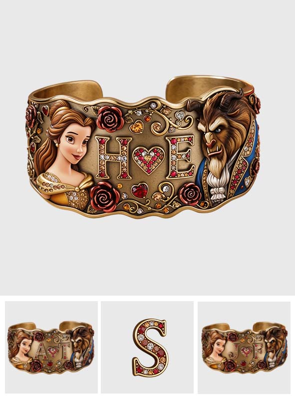 Initial Couple Gift - Personalized Beauty And The Beast Shaped Cuff Bracelet
