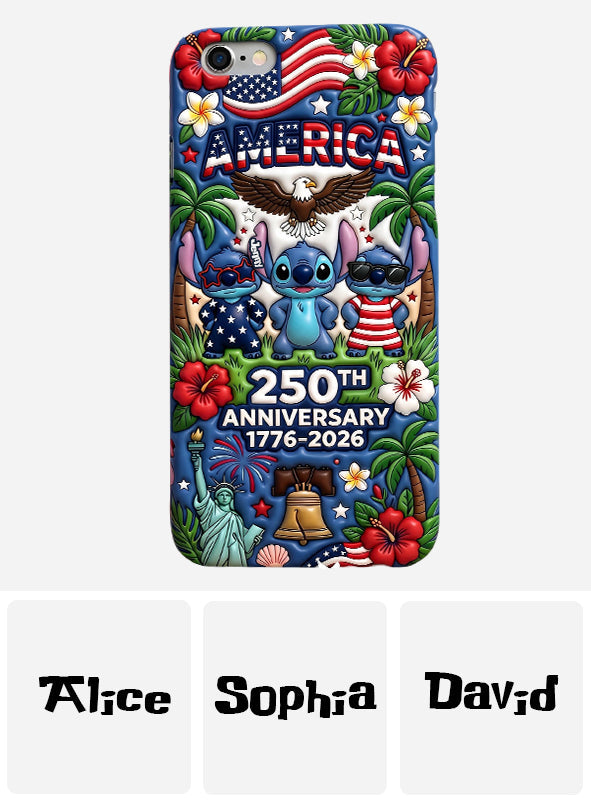 Cute Blue Alien USA 250th Anniversary - Personalized Ohana 3D Embossed Leather Phone Case