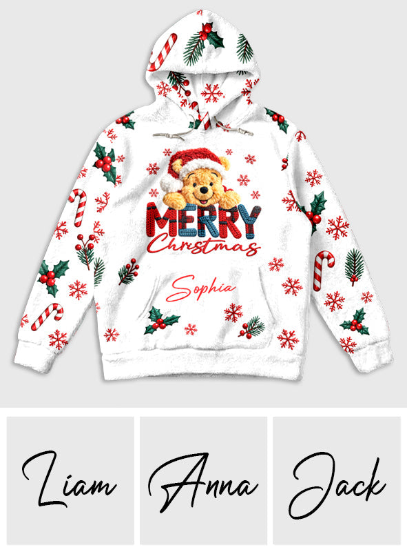 Merry Christmas - Personalized Yellow Bear Fleece Hoodie