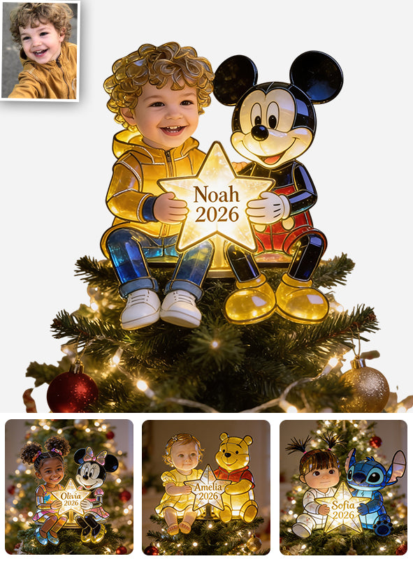 Kid And Character, Mouse, Bear, Ailen,.... - Personalized Kid LED Light Tree Topper