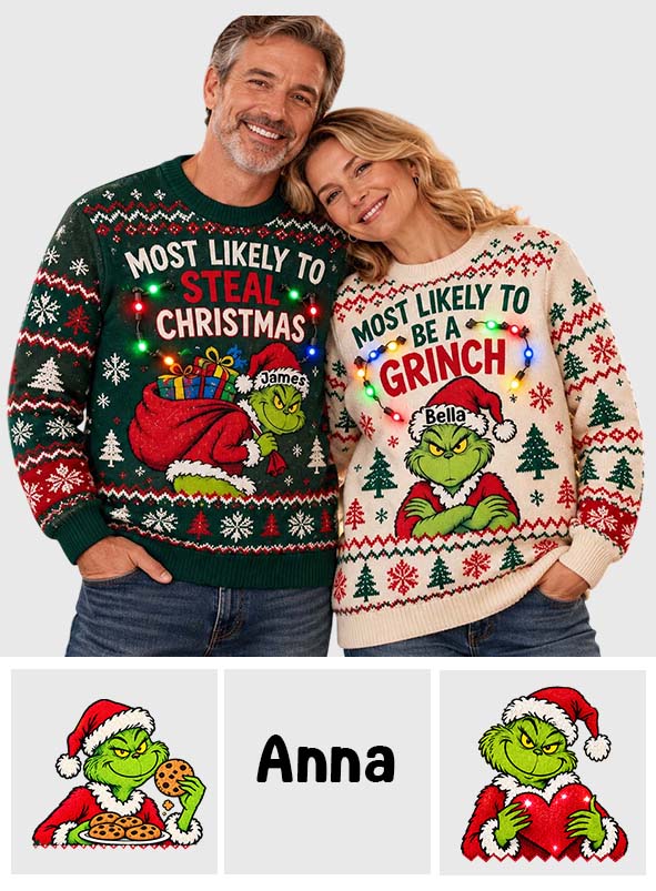 Most Likely To Green Mischief Matching Family Ugly Sweaters - Personalized Stole Christmas Light Up Sweater