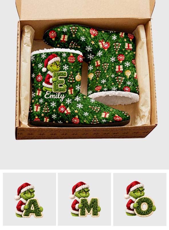 Merry Grinchmas Initial - Personalized Stole Christmas Faux Fur Boot Slippers