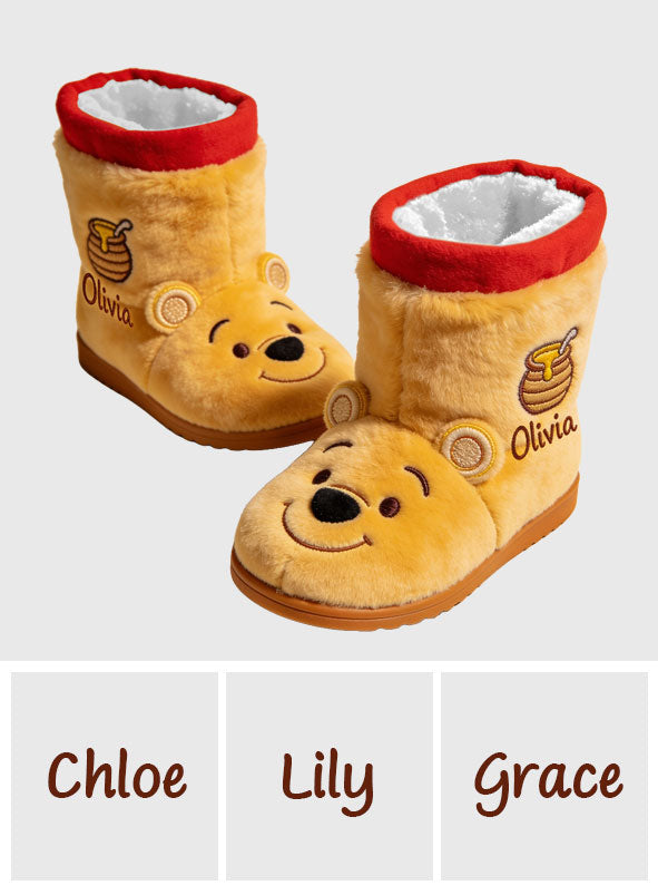 Hunny Friend - Personalized Yellow Bear Faux Fur Boot Slippers