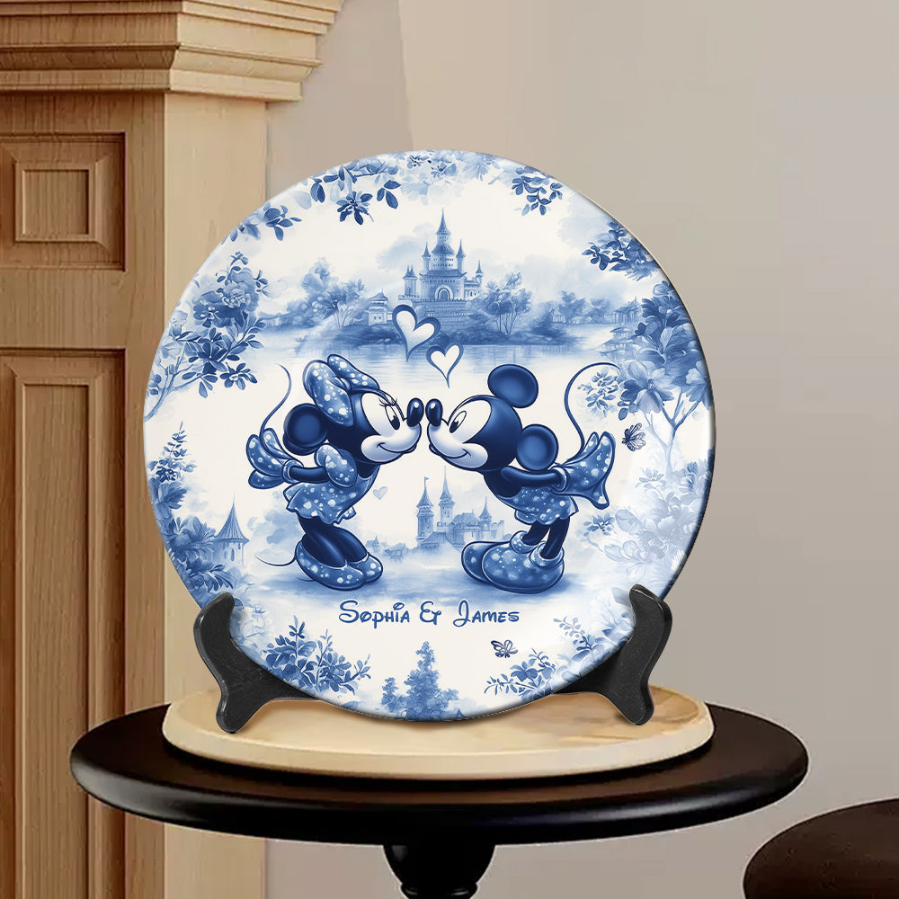 Classic Blue & White Ceramic Mouse Couple - Personalized Mouse Ceramic Round Plate