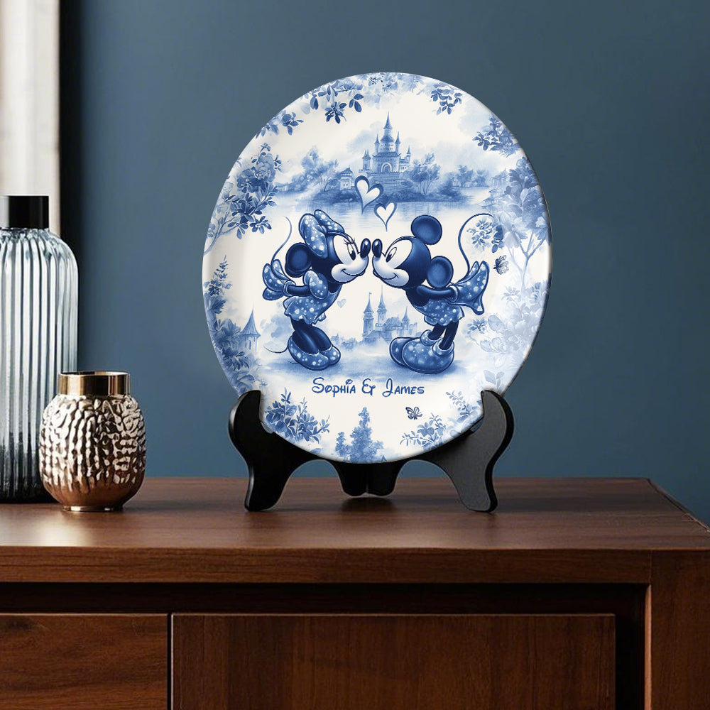 Classic Blue & White Ceramic Mouse Couple - Personalized Mouse Ceramic Round Plate