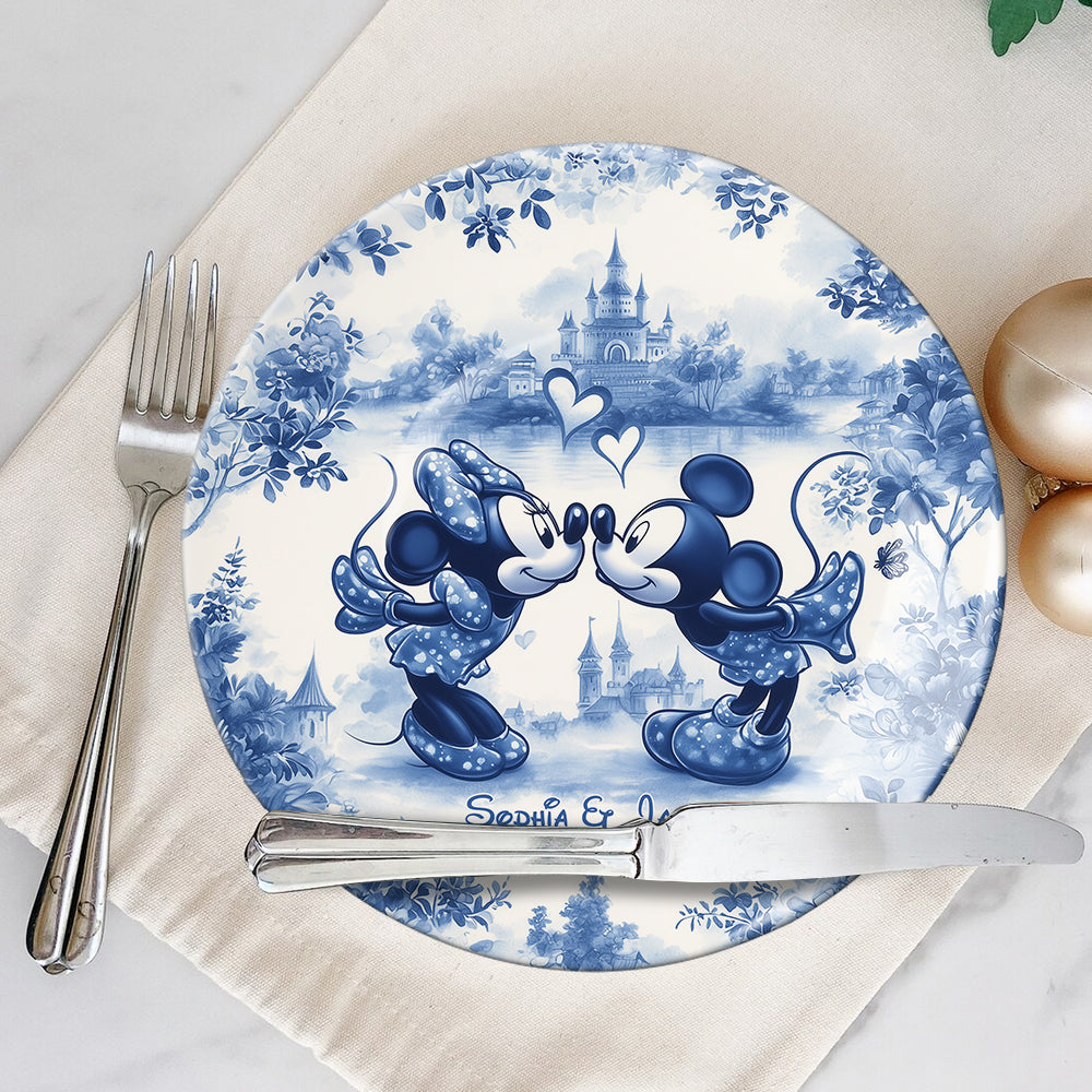 Classic Blue & White Ceramic Mouse Couple - Personalized Mouse Ceramic Round Plate