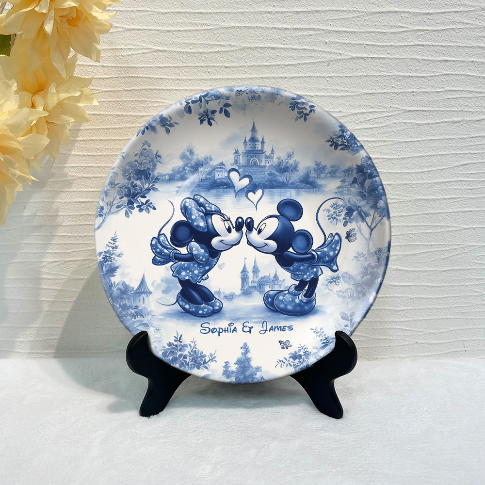 Classic Blue & White Ceramic Mouse Couple - Personalized Mouse Ceramic Round Plate