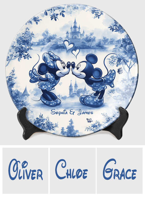 Classic Blue & White Ceramic Mouse Couple - Personalized Mouse Ceramic Round Plate