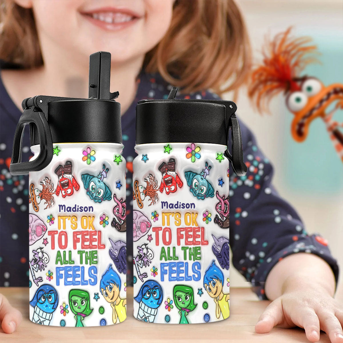 It's Ok To Feel All The Feels - Personalized Kids Water Bottle