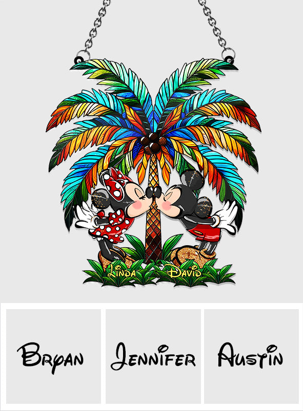 Romantic Couple Under The Palm Tree - Personalized Mouse Window Hanging Suncatcher Ornament