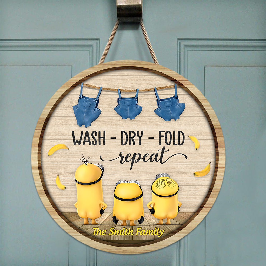 Wash Dry Fold Repeat - Personalized Round Wood Sign