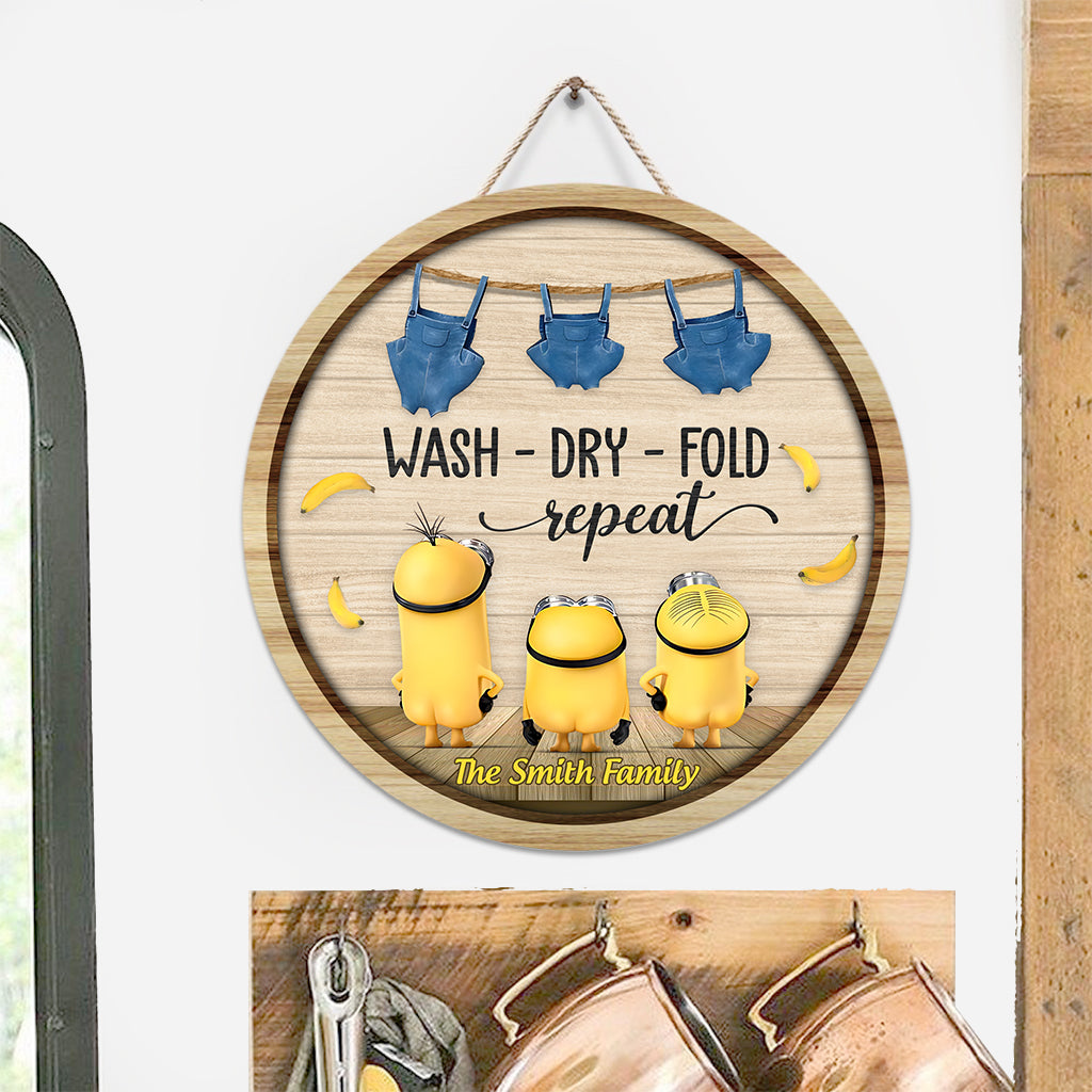 Wash Dry Fold Repeat - Personalized Round Wood Sign