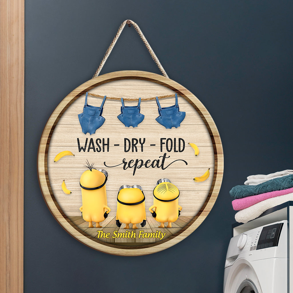 Wash Dry Fold Repeat - Personalized Round Wood Sign