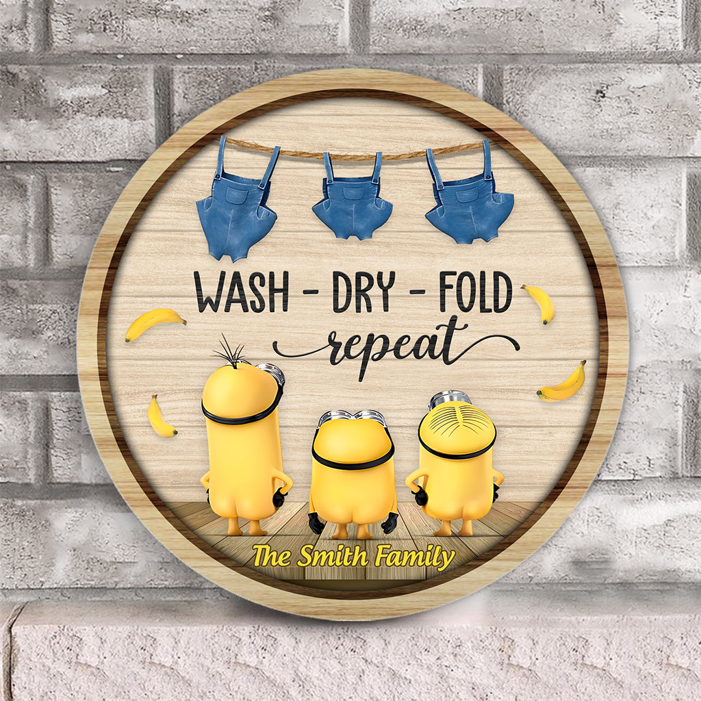 Wash Dry Fold Repeat - Personalized Round Wood Sign