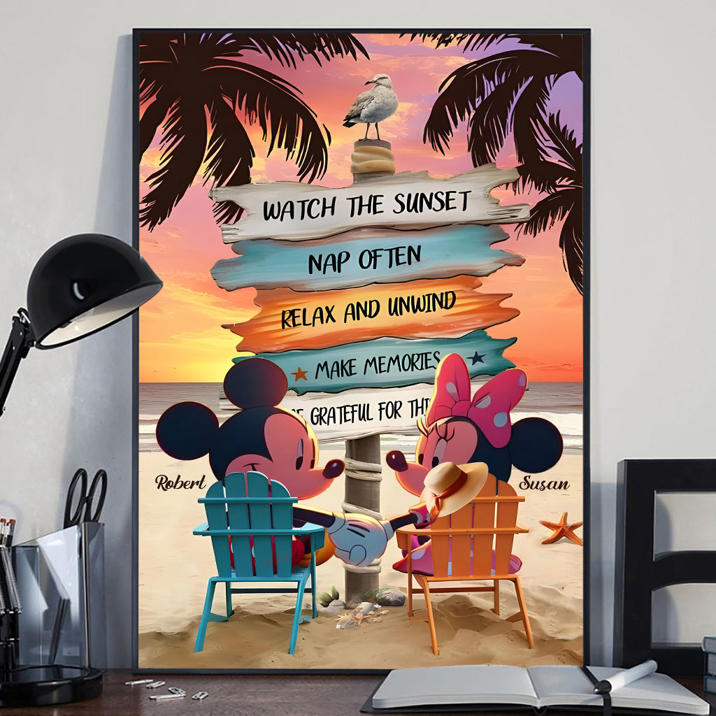Mouse Ears Couple Vintage Tropical Palm Tree Beach Sunset - Personalized Mouse Canvas And Poster