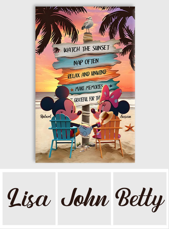 Mouse Ears Couple Vintage Tropical Palm Tree Beach Sunset - Personalized Mouse Canvas And Poster