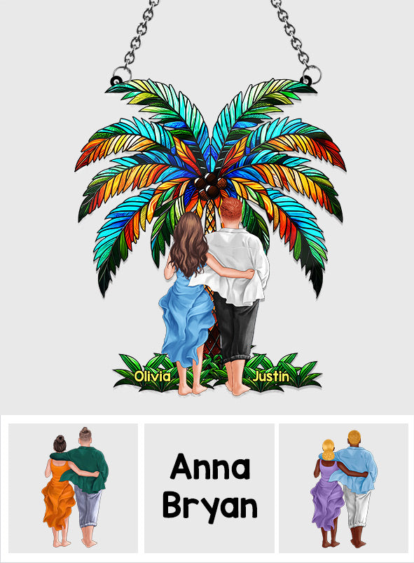 Romantic Couple Under The Palm Tree - Personalized Couple Window Hanging Suncatcher Ornament
