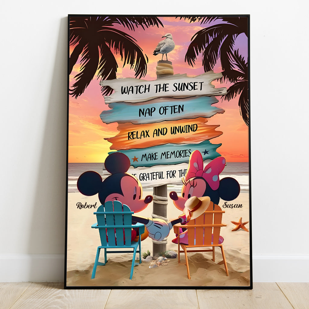 Mouse Ears Couple Vintage Tropical Palm Tree Beach Sunset - Personalized Mouse Canvas And Poster