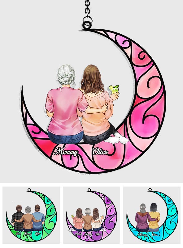 Mother And Children Sitting On The Moon - Personalized Mother Window Hanging Suncatcher Ornament