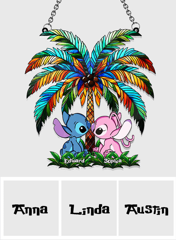 Romantic Couple Under The Palm Tree - Personalized Ohana Window Hanging Suncatcher Ornament