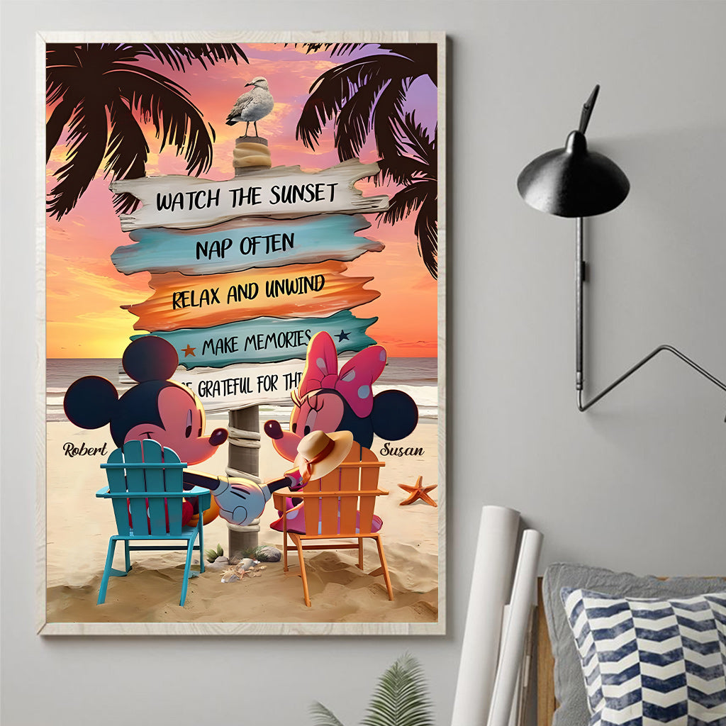 Mouse Ears Couple Vintage Tropical Palm Tree Beach Sunset - Personalized Mouse Canvas And Poster