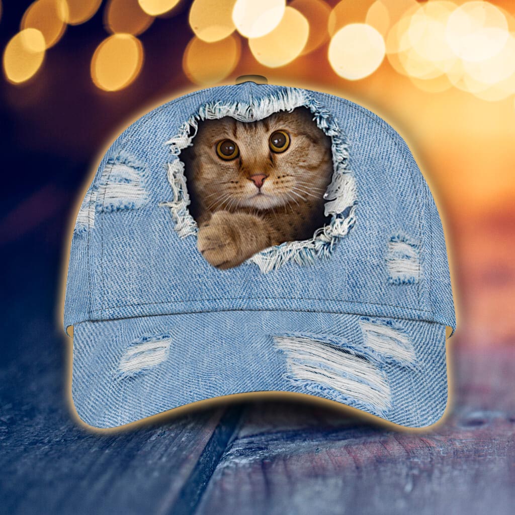 Peeking Cat Denim Pattern Print Cat Classic Cap 0622