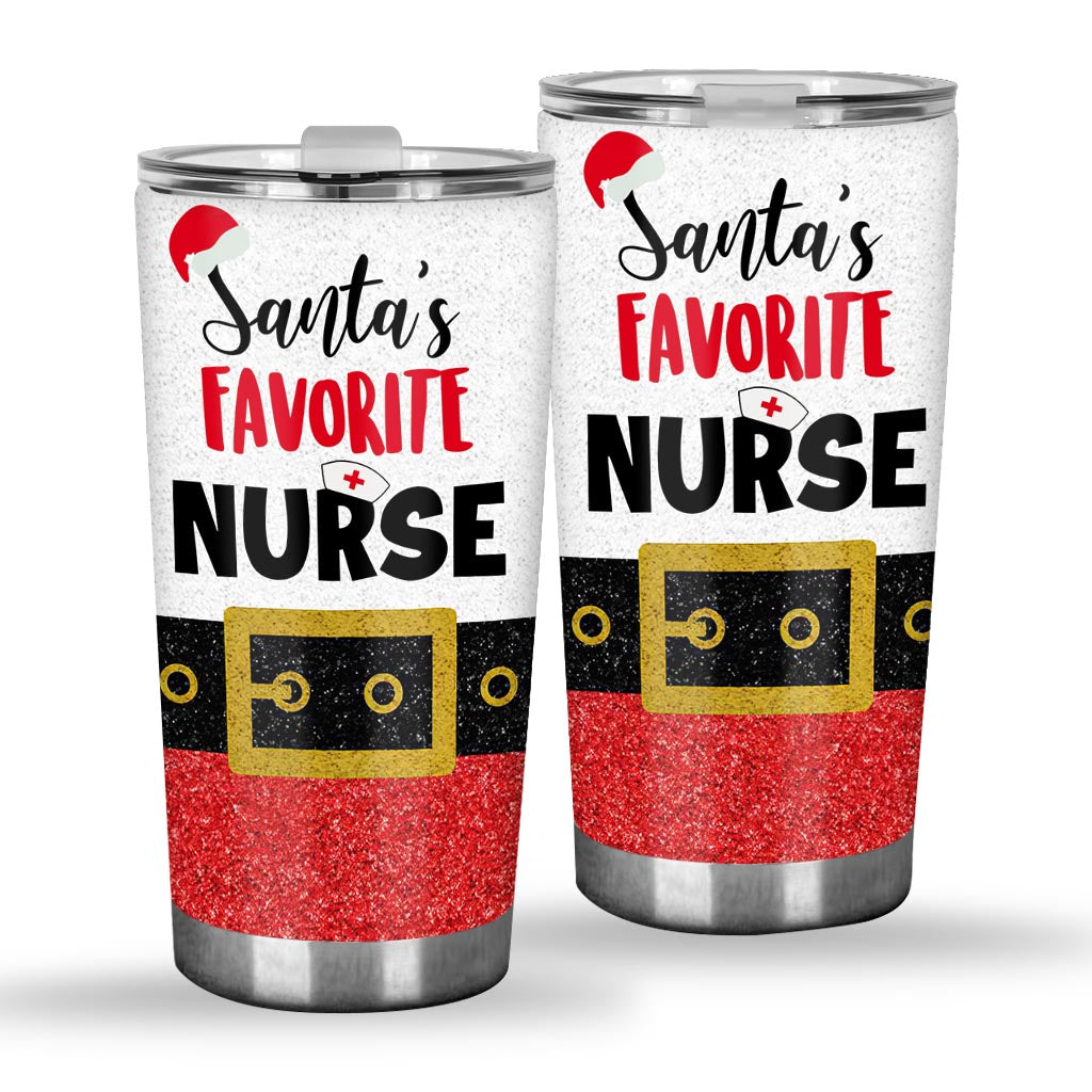 Santa's Favorite Nurse Faux Glitter Print Nurse Tumbler 0622