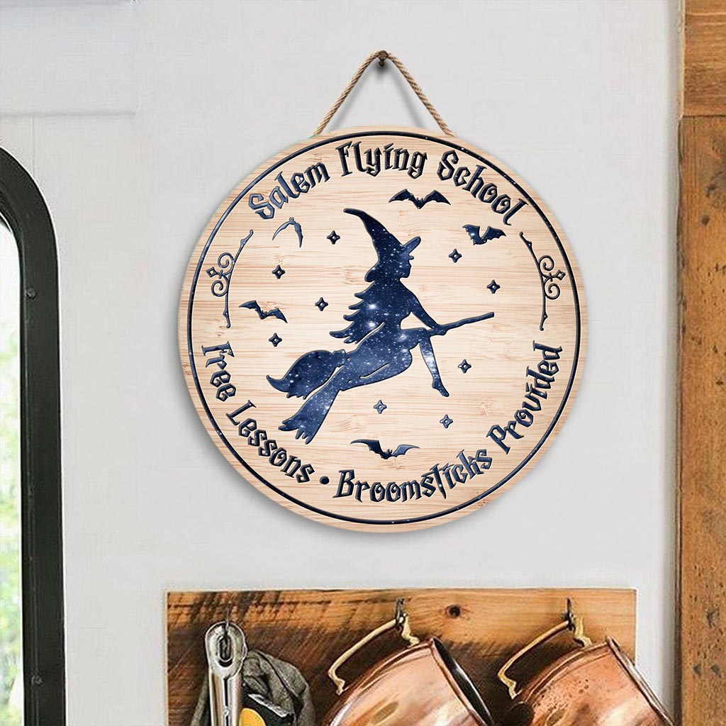 Salem Flying School - Witch Round Wood Sign