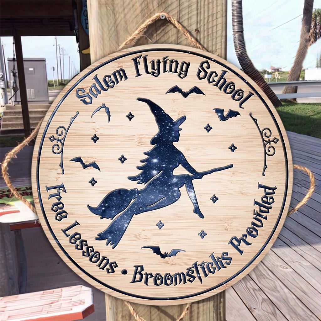 Salem Flying School - Witch Round Wood Sign