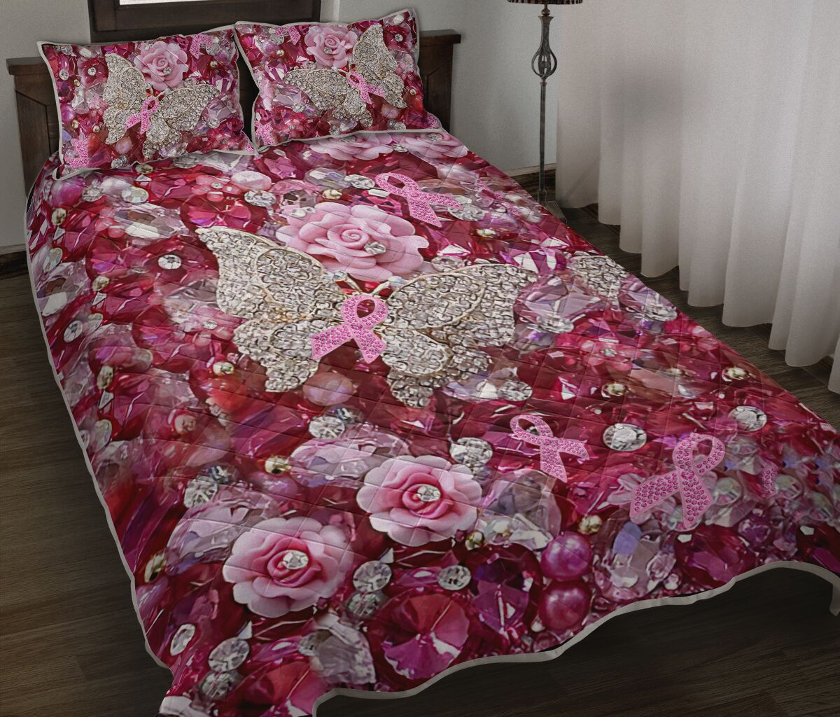 Pink Warrior Pattern Print Breast Cancer Awareness Quilt Set 0622