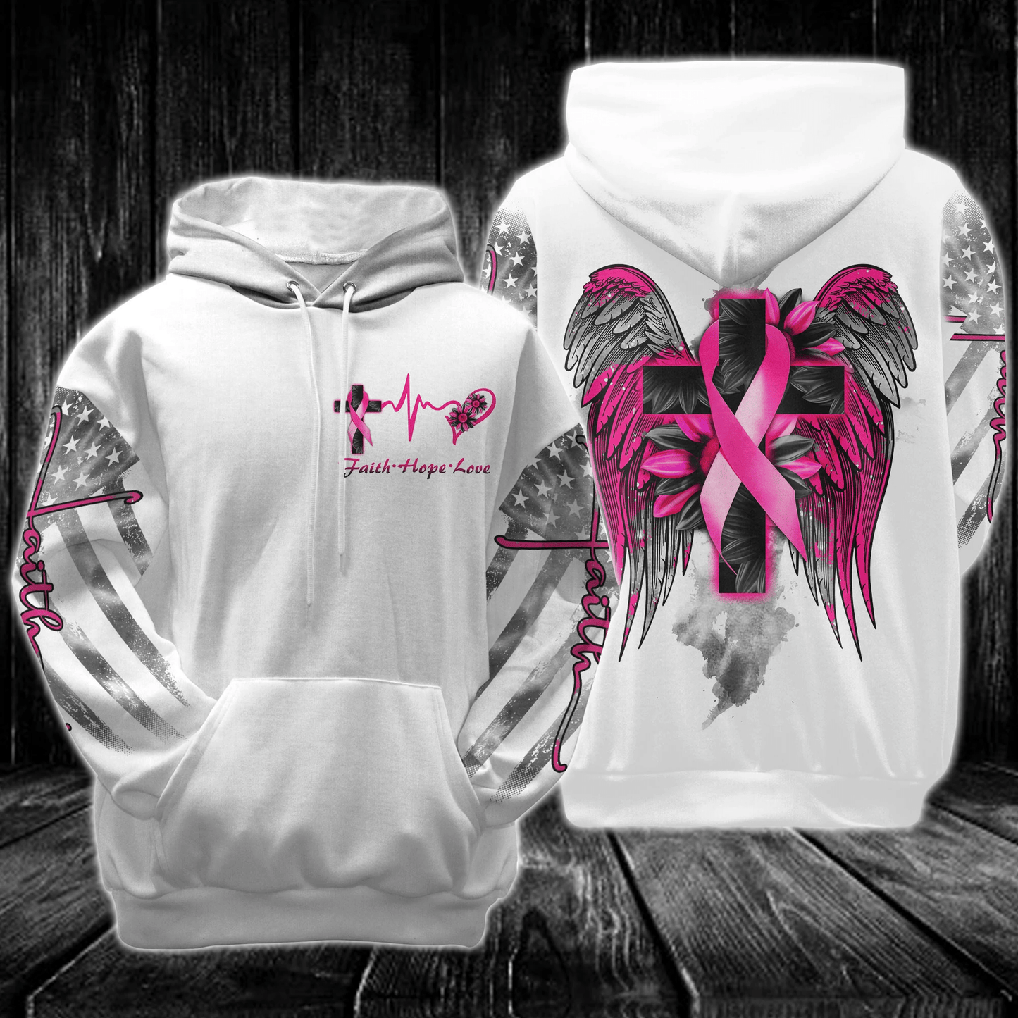 White Faith Cross Wing Breast Cancer - Breast Cancer Awareness All Over T-shirt and Hoodie 0822