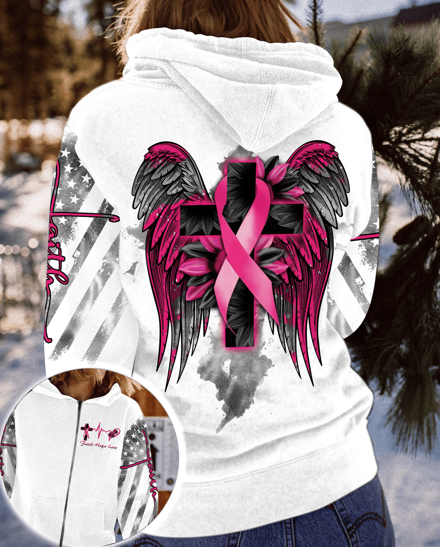 White Faith Cross Wing Breast Cancer - Breast Cancer Awareness All Over T-shirt and Hoodie 0822