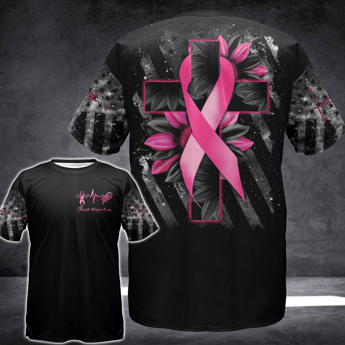 Faith Cross Sunflower Breast Cancer - Breast Cancer Awareness All Over T-shirt and Hoodie 0822