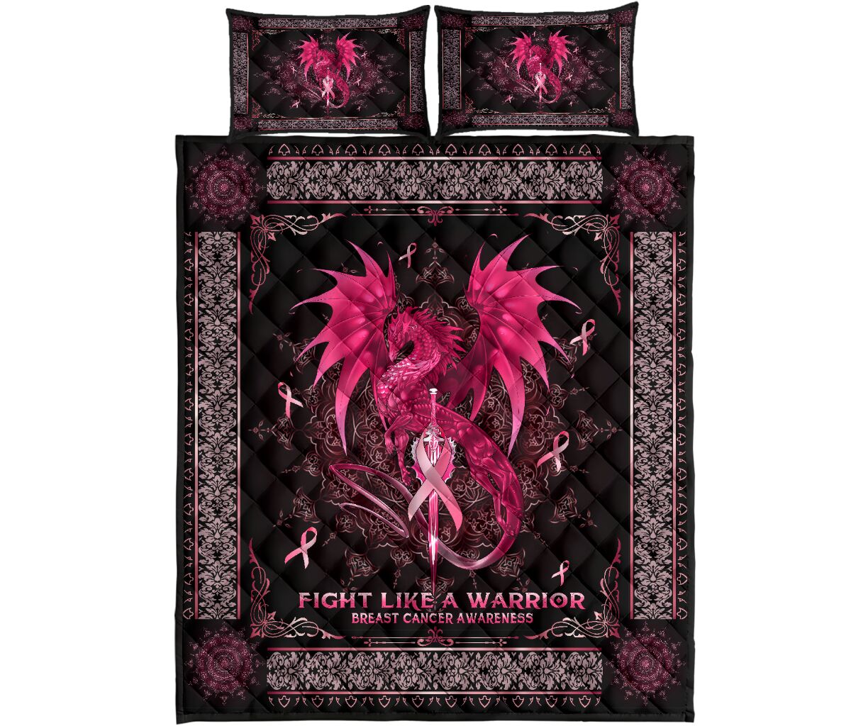 Fight Like A Warrior Breast Cancer Awareness Quilt Set 0622