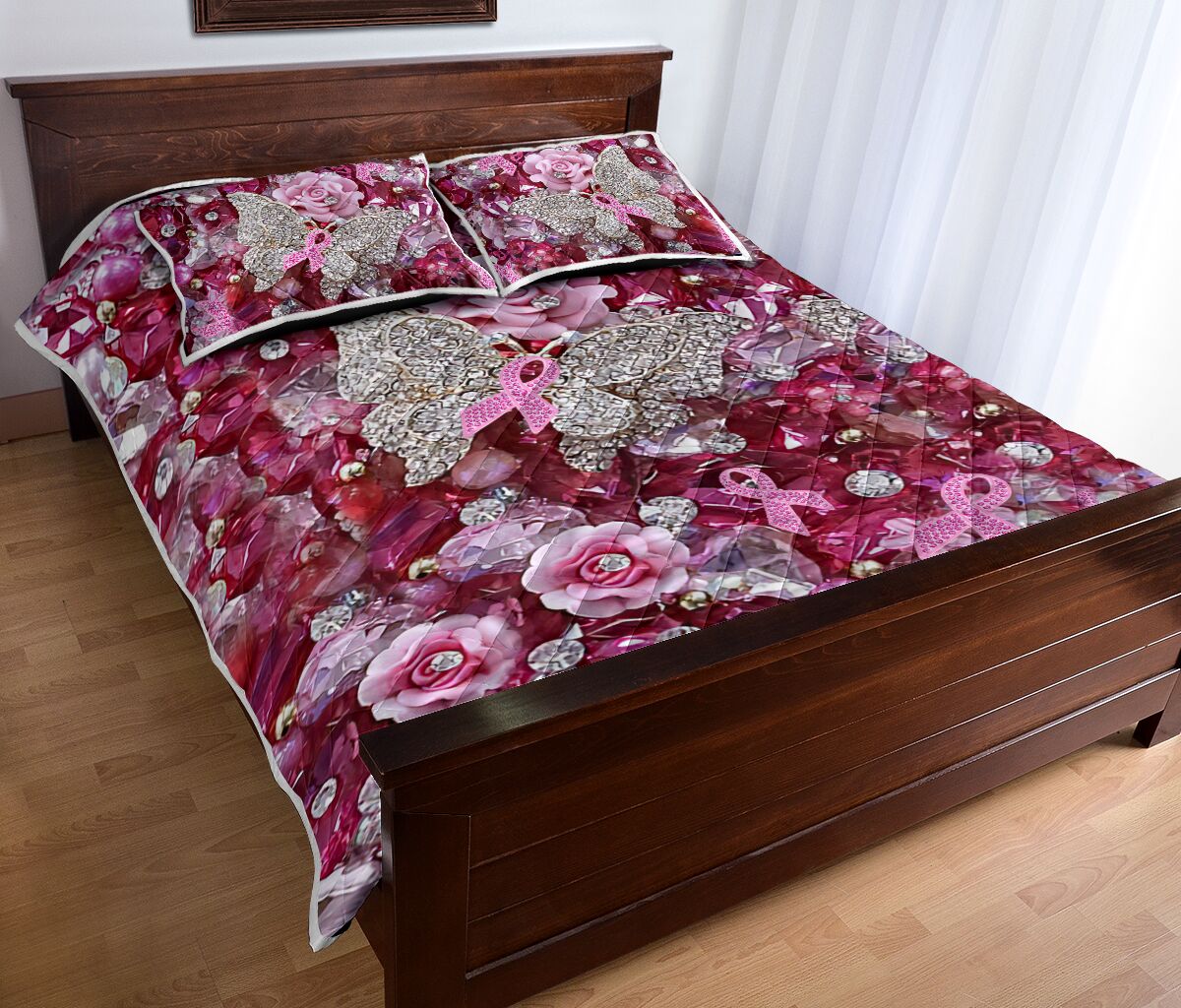 Pink Warrior Pattern Print Breast Cancer Awareness Quilt Set 0622