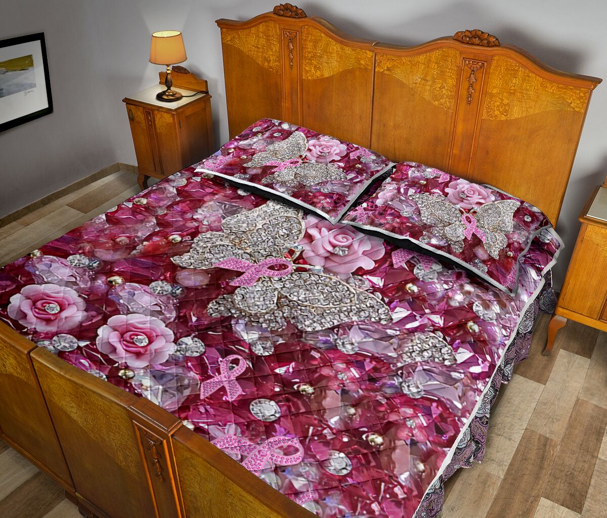 Pink Warrior Pattern Print Breast Cancer Awareness Quilt Set 0622