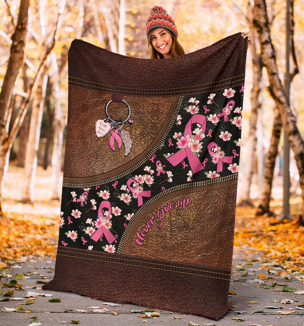 Never Give Up Leather Pattern Print Breast Cancer Awareness Blanket 0622