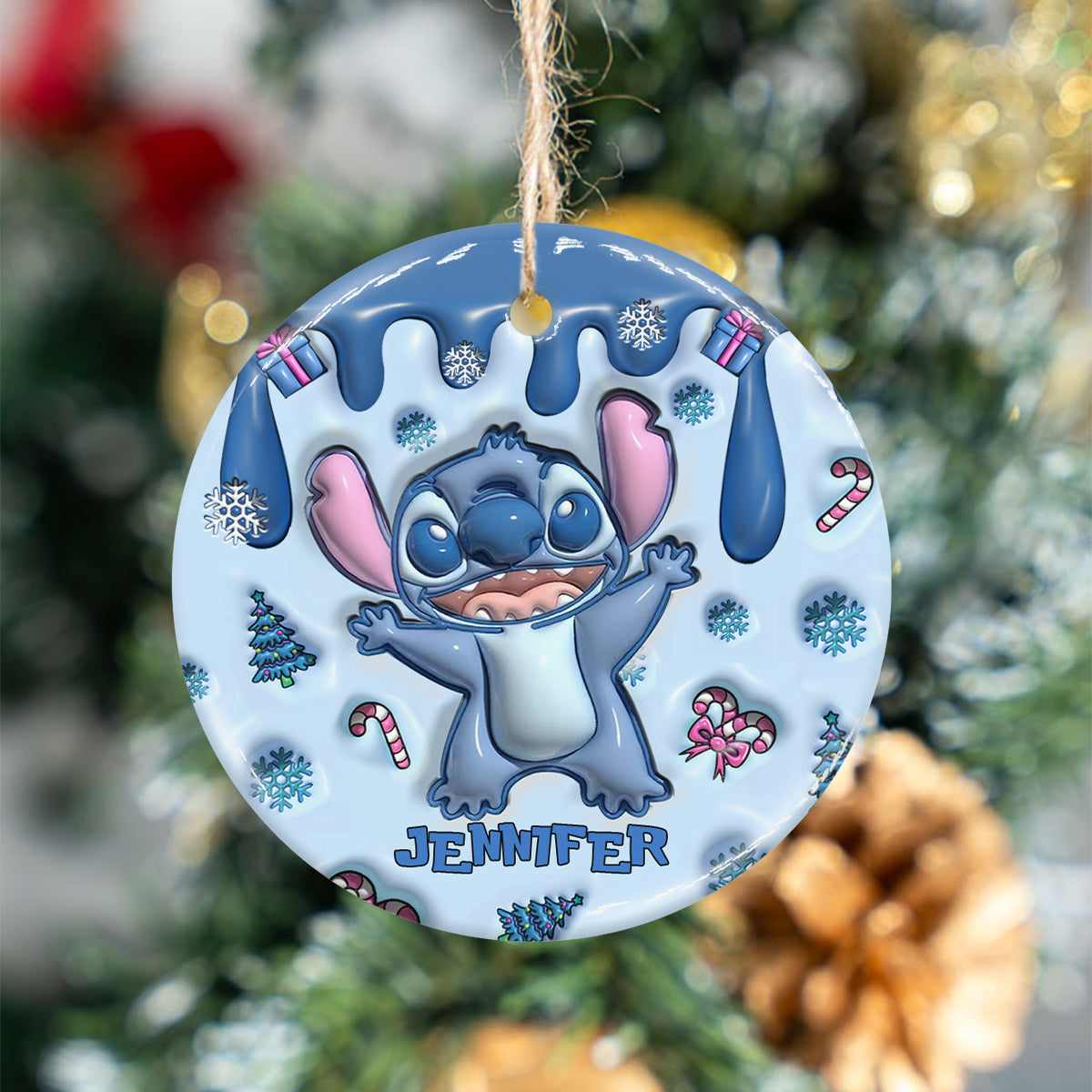 Blue Ohana Merry Christmas - Personalized Ohana Ceramic Circle Ornament