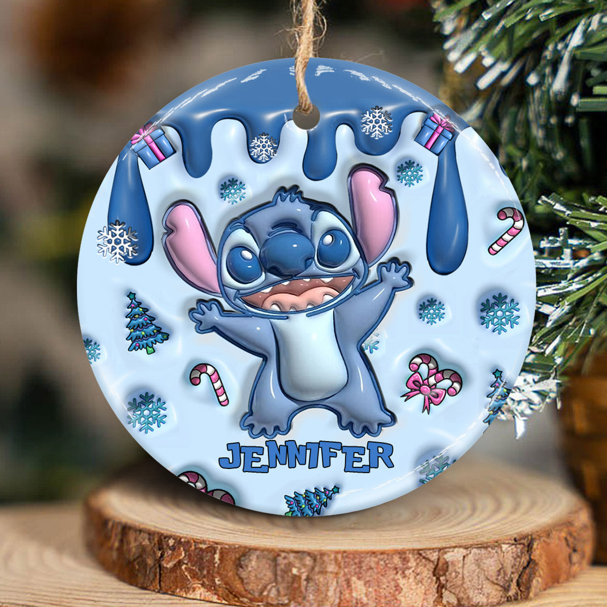 Blue Ohana Merry Christmas - Personalized Ohana Ceramic Circle Ornament