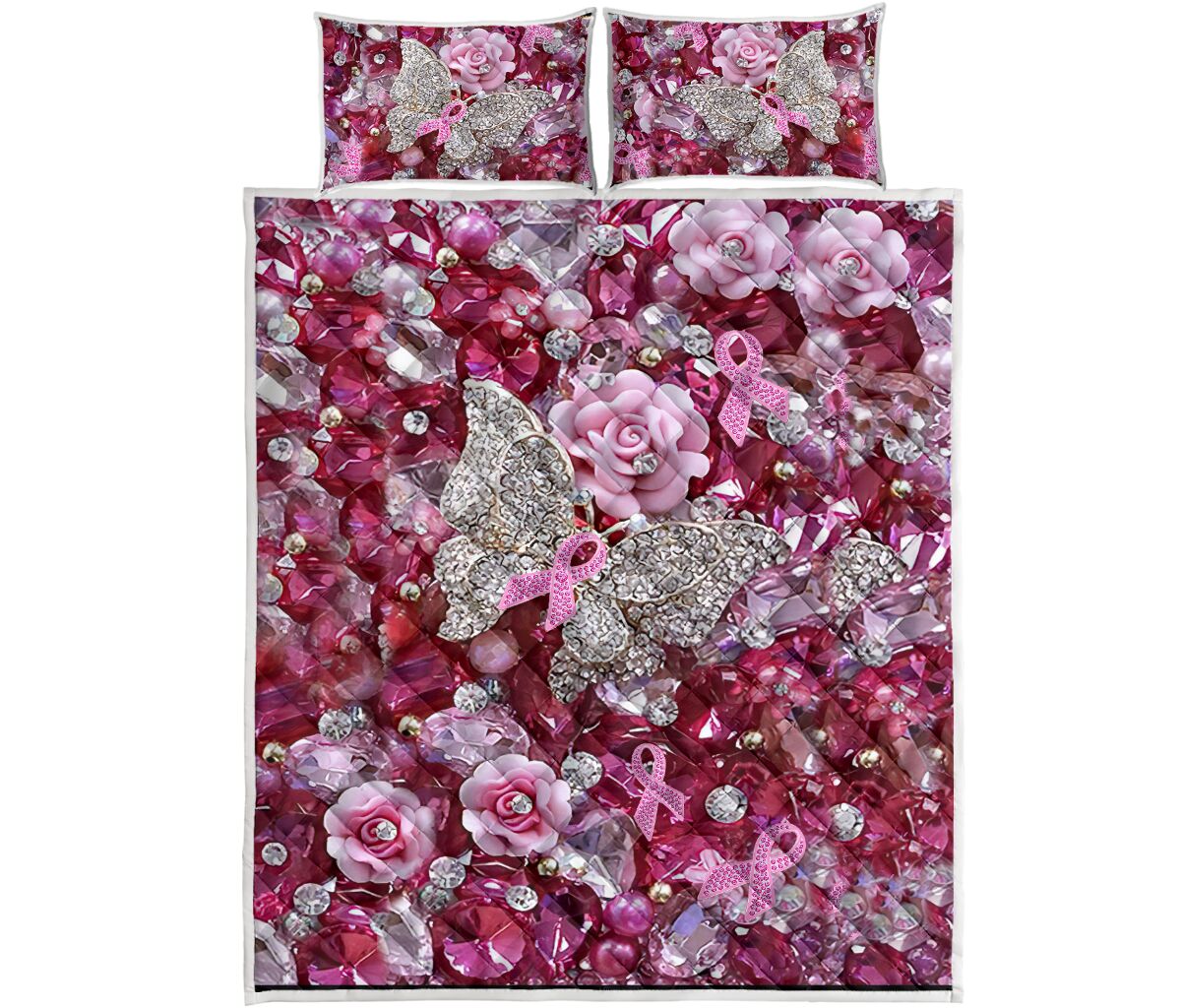 Pink Warrior Pattern Print Breast Cancer Awareness Quilt Set 0622