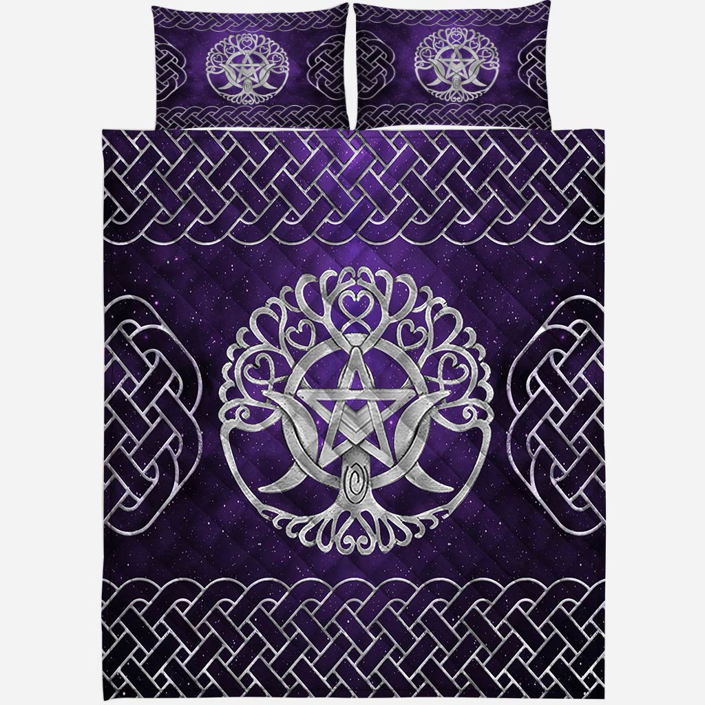 Triple Moon Goddess Pentagram Tree of Life - Witch Quilt Set