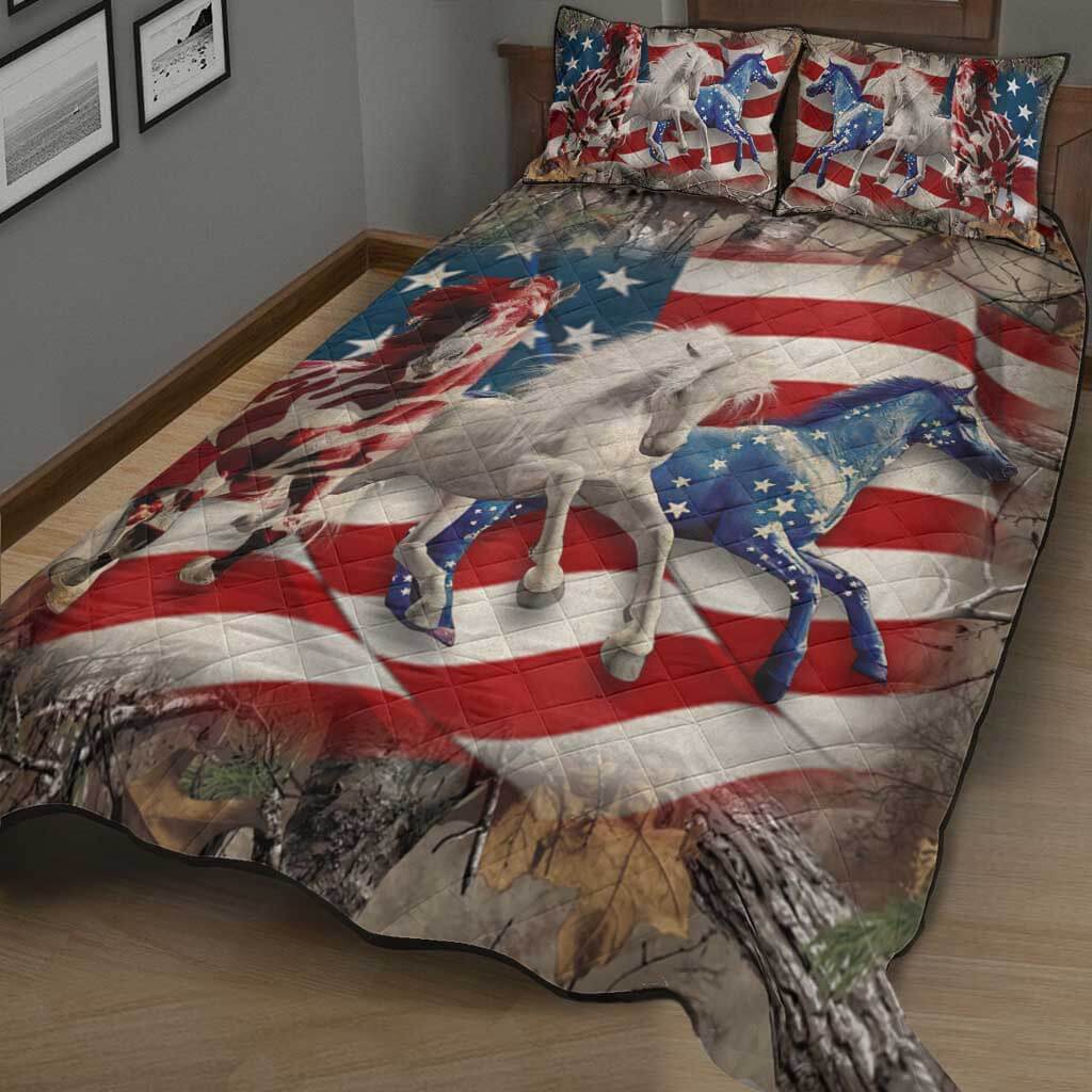 Horse American Flag - Horse Quilt Bed Set
