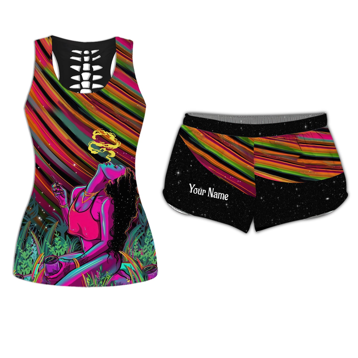 Get High Galaxy - Personalized Weed Hollow Tank Top And Women Shorts