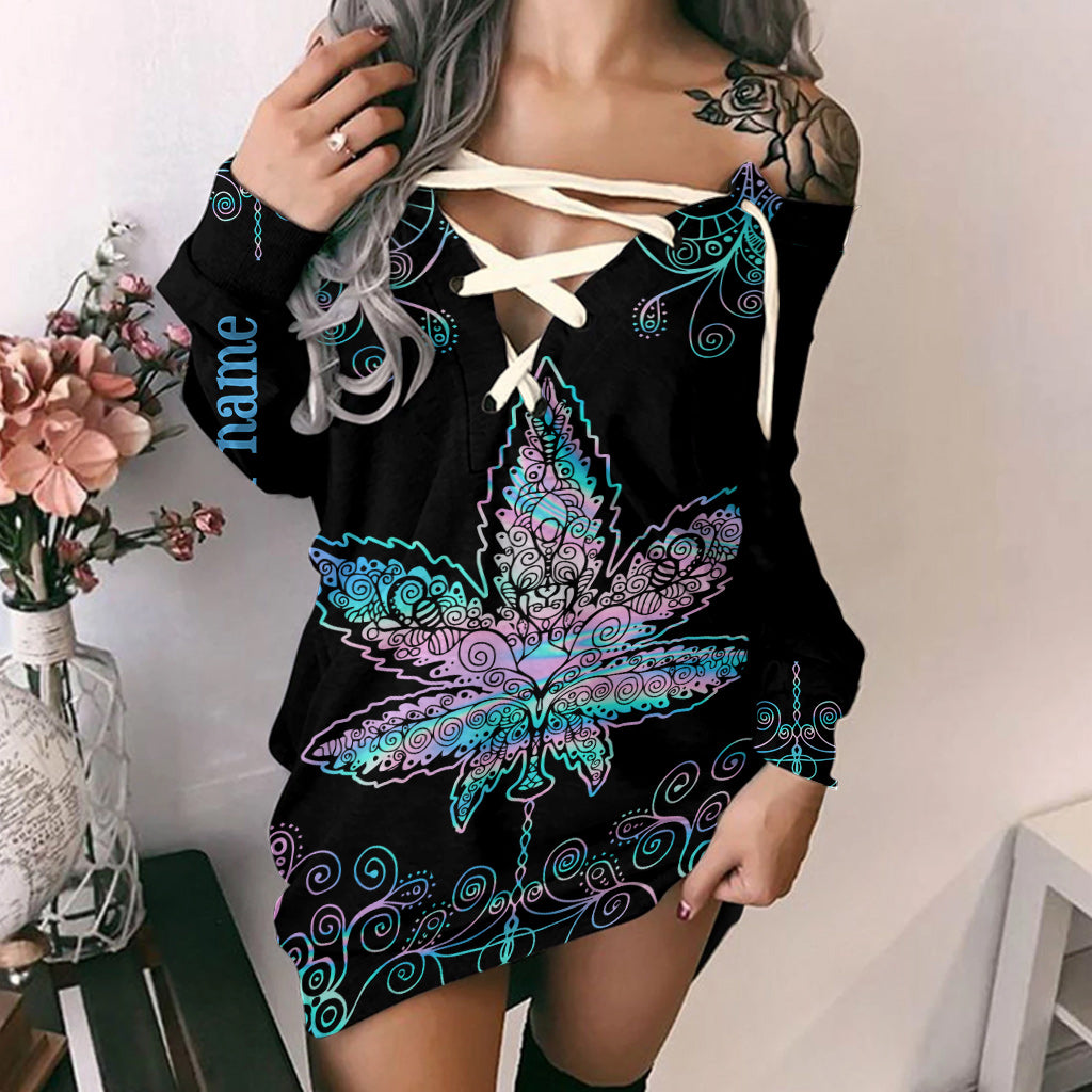Mandala Holo - Personalized Weed Off Shoulder Long Sleeve Dress