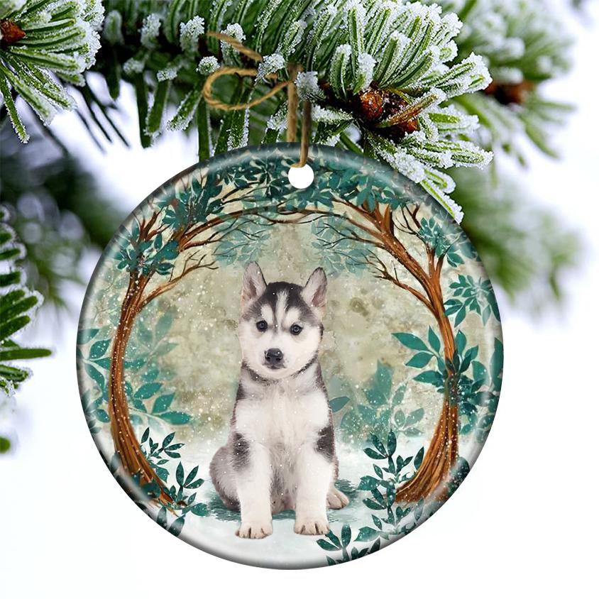 Husky Puppy Among Forest - Dog Ornament (Printed On Both Sides) 1022