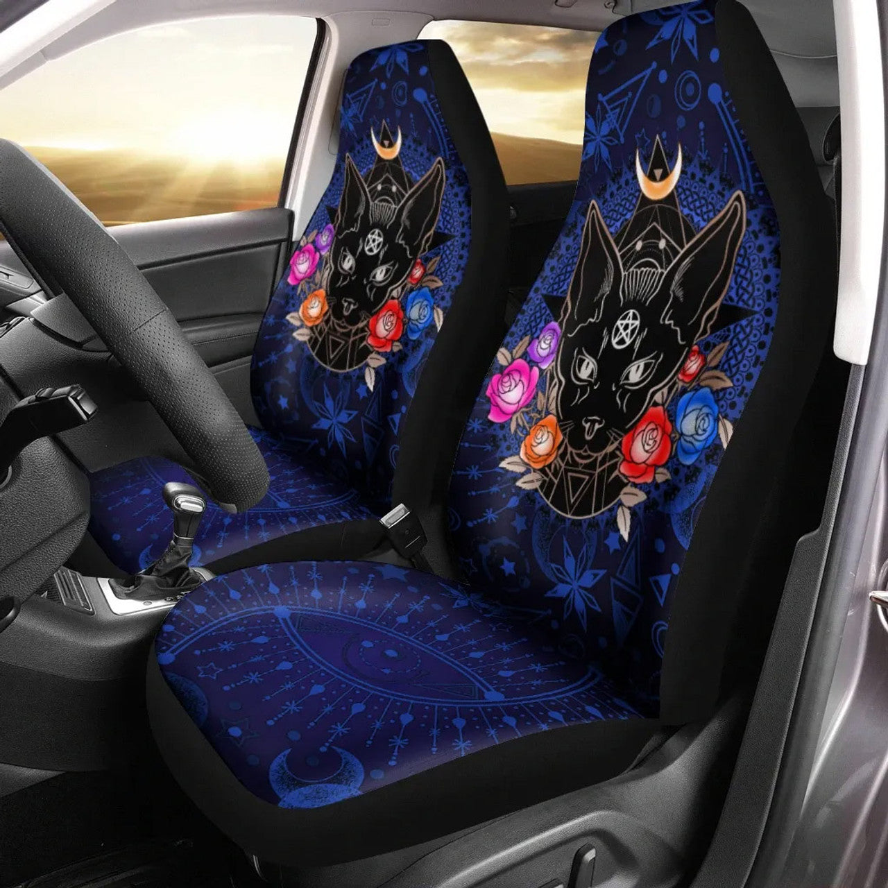 Celtic Wicca Occult Cat- Witch Seat Covers 0822