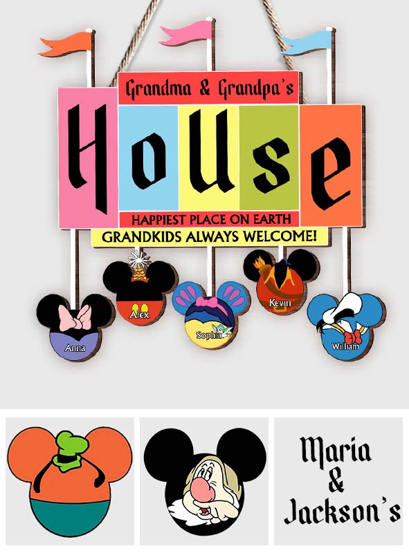 Happiest Place On Earth Grandkids Always Welcome - Personalized Mouse Custom Shaped Wood Sign