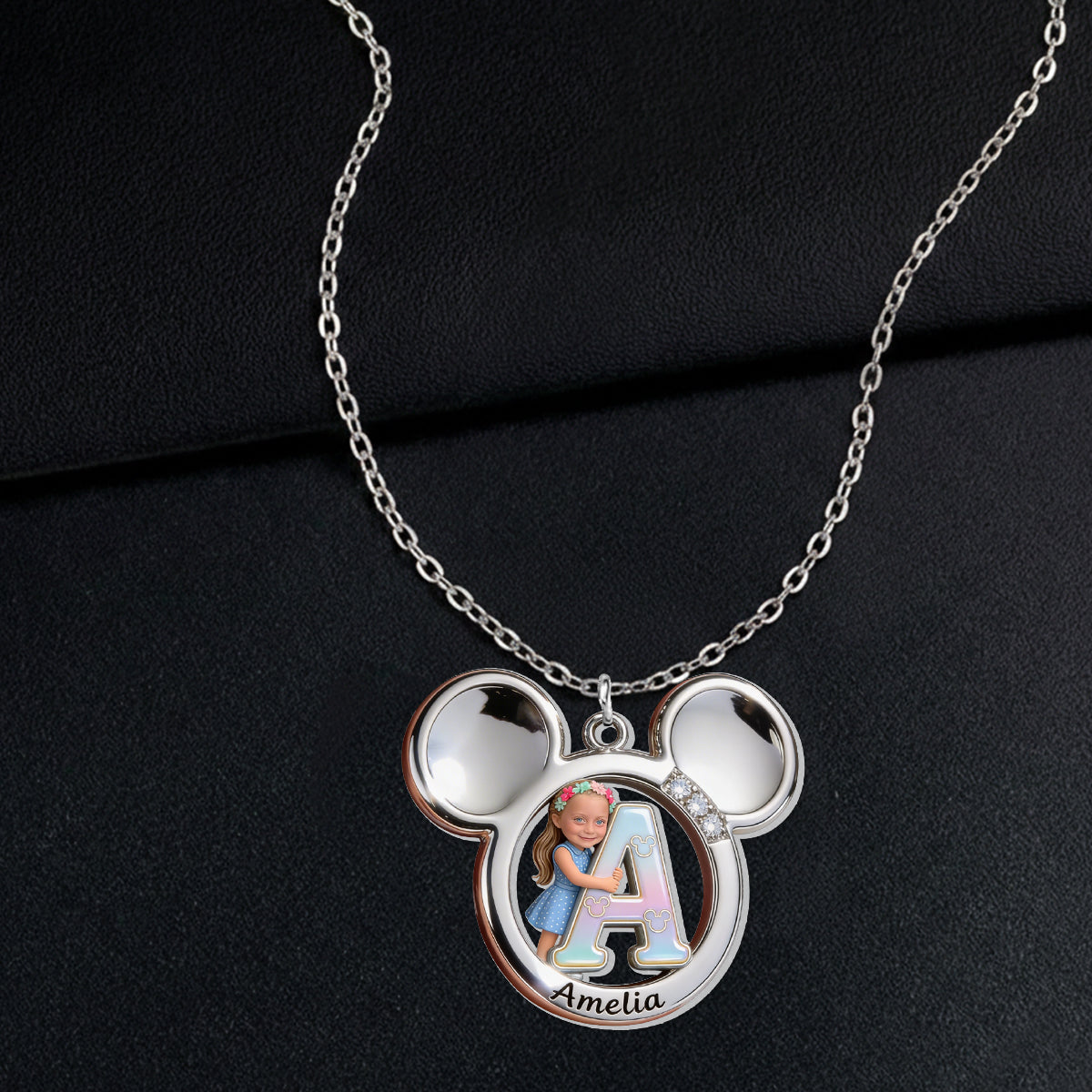 Big Ears Mouse Shape - Custom From Photo & Alphabet - Personalized Mouse Shaped Metal Pendant Necklace