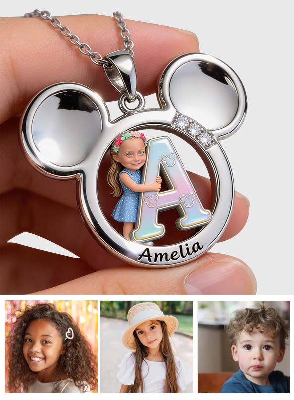 Big Ears Mouse Shape - Custom From Photo & Alphabet - Personalized Mouse Shaped Metal Pendant Necklace