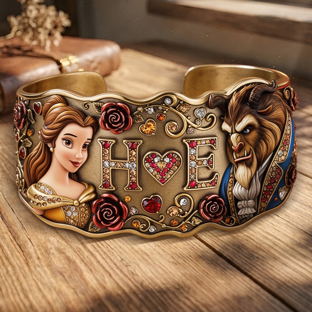 Initial Couple Gift - Personalized Beauty And The Beast Shaped Cuff Bracelet